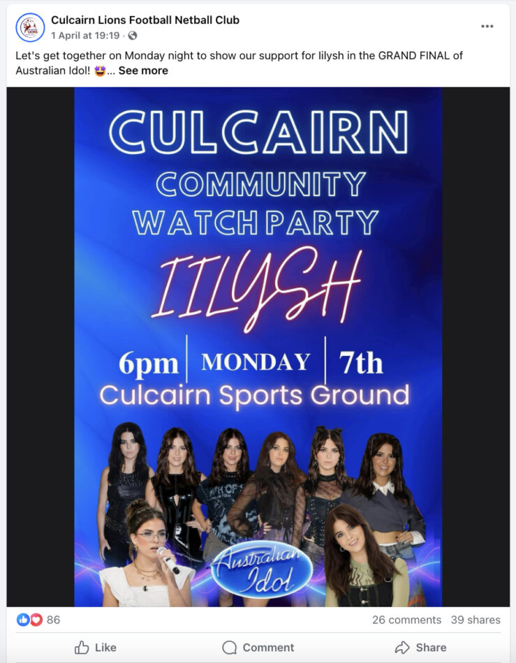Culcairn's Football club's Facebook post.